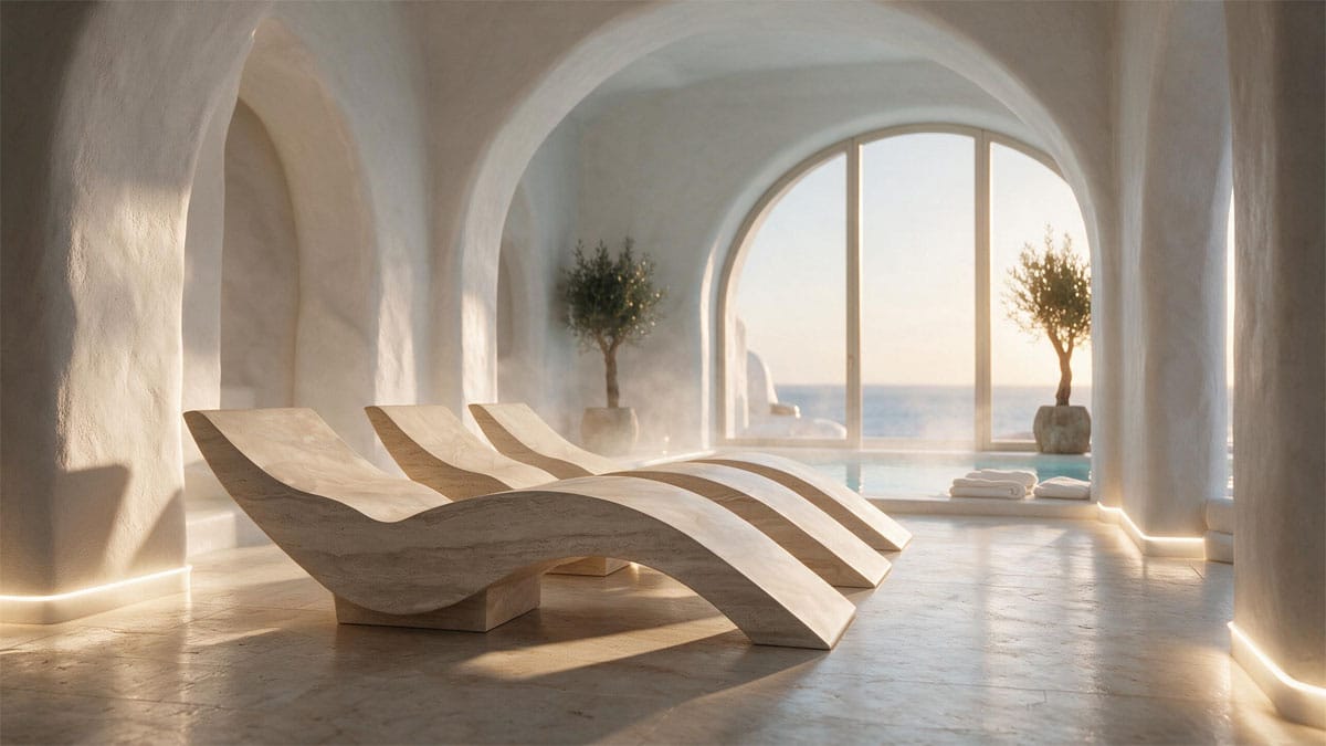 Mediterranean Resort with SOLEUM Travertino Heated Lounger - Luxury Wellness Spa Greece
