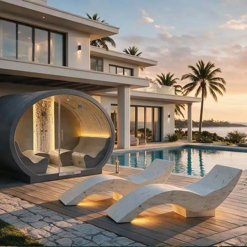 SOLEUM Luxury Longevity Spa Cabin and Heated Loungers — Austrian-crafted outdoor wellness for private estates worldwide